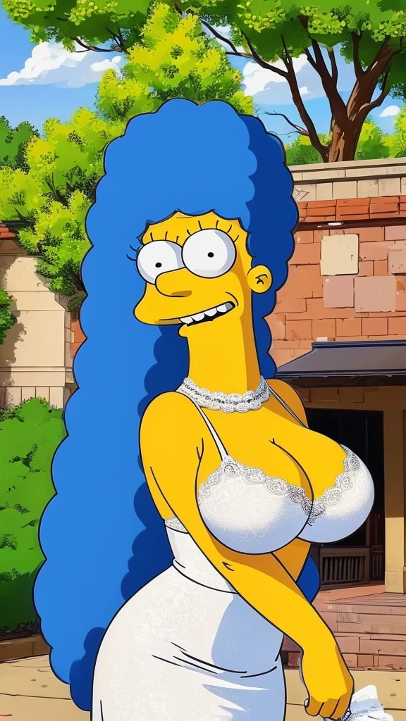 Marge Simpson with huge breasts in a lace micro bra and wedding dress with veil and bouquet in a park in Springfield