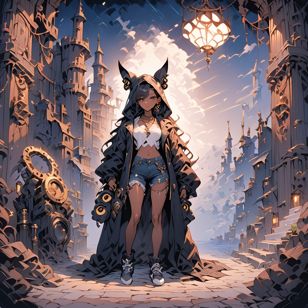 (Fantasy artwork of Umbreon in beautiful human form) 1girl, adult female, human, multiple ear piercing, full-body, tall, hourglass figure, mature, very beautiful and alluring, slightly tanned skin, tattoos, golden long hair with buns hairstyle, bangs that cover one eye with a highlight of dark color resembling umbreon, feline golden eyes, long leather jacket with a hood (steampunk), white top crops, tartarred skinny jeans, sneakers (nike), necklaces, jewellery, sharp gaze, cold attitude, saturday night in front of night clubs background, (detailed background), starry night, cinematic lighting, fantasy, illustration, vibrant colors, (masterpiece:1.2), (best quality:1.2), (very aesthetic:1.2), (absurdres:1.2), newest, intricate details, ai-generated