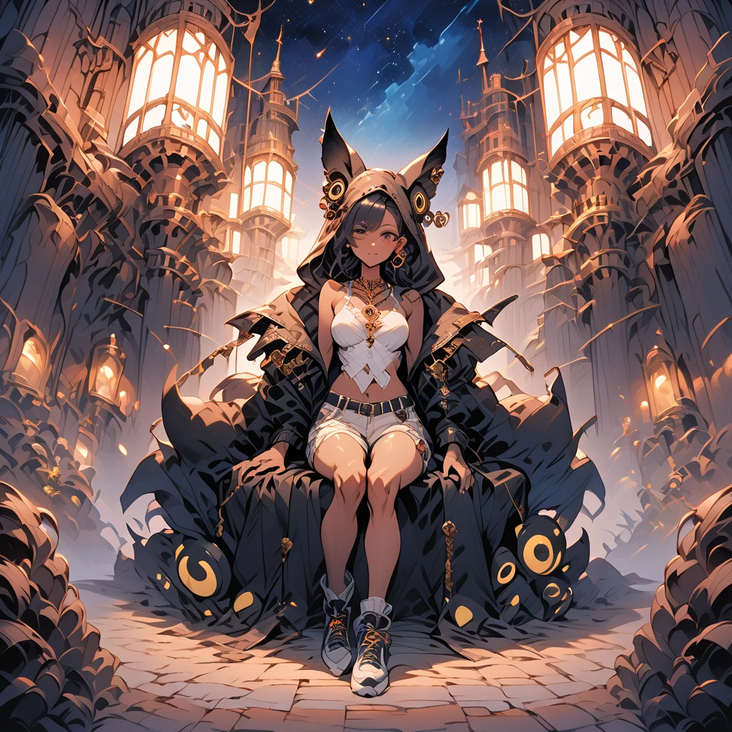 (Fantasy artwork of Umbreon in beautiful human form) 1girl, adult female, human, multiple ear piercing, full-body, tall, hourglass figure, mature, very beautiful and alluring, slightly tanned skin, tattoos, golden long hair with buns hairstyle, bangs that cover one eye with a highlight of dark color resembling umbreon, feline golden eyes, long leather jacket with a hood (steampunk), white top crops, tartarred skinny jeans, sneakers (nike), necklaces, jewellery, sharp gaze, cold attitude, saturday night in front of night clubs background, (detailed background), starry night, cinematic lighting, fantasy, illustration, vibrant colors, (masterpiece:1.2), (best quality:1.2), (very aesthetic:1.2), (absurdres:1.2), newest, intricate details, ai-generated