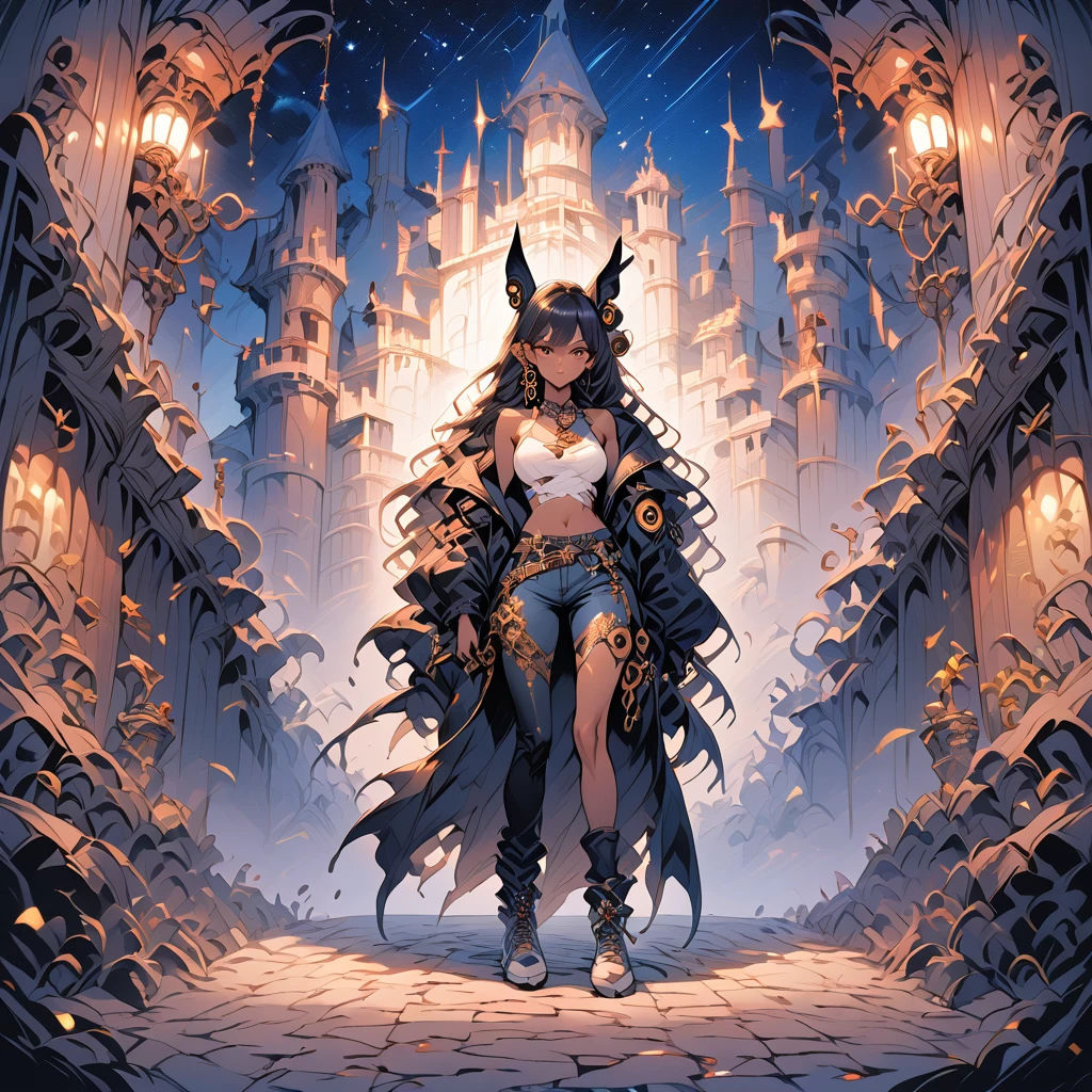 (Fantasy artwork of Umbreon in beautiful human form) 1girl, adult female, human, multiple ear piercing, full-body, tall, hourglass figure, mature, very beautiful and alluring, slightly tanned skin, tattoos, golden long hair with buns hairstyle, bangs that cover one eye with a highlight of dark color resembling umbreon, feline golden eyes, long leather jacket with a hood (steampunk), white top crops, tartarred skinny jeans, sneakers (nike), necklaces, jewellery, sharp gaze, cold attitude, saturday night in front of night clubs background, (detailed background), starry night, cinematic lighting, fantasy, illustration, vibrant colors, (masterpiece:1.2), (best quality:1.2), (very aesthetic:1.2), (absurdres:1.2), newest, intricate details, ai-generated