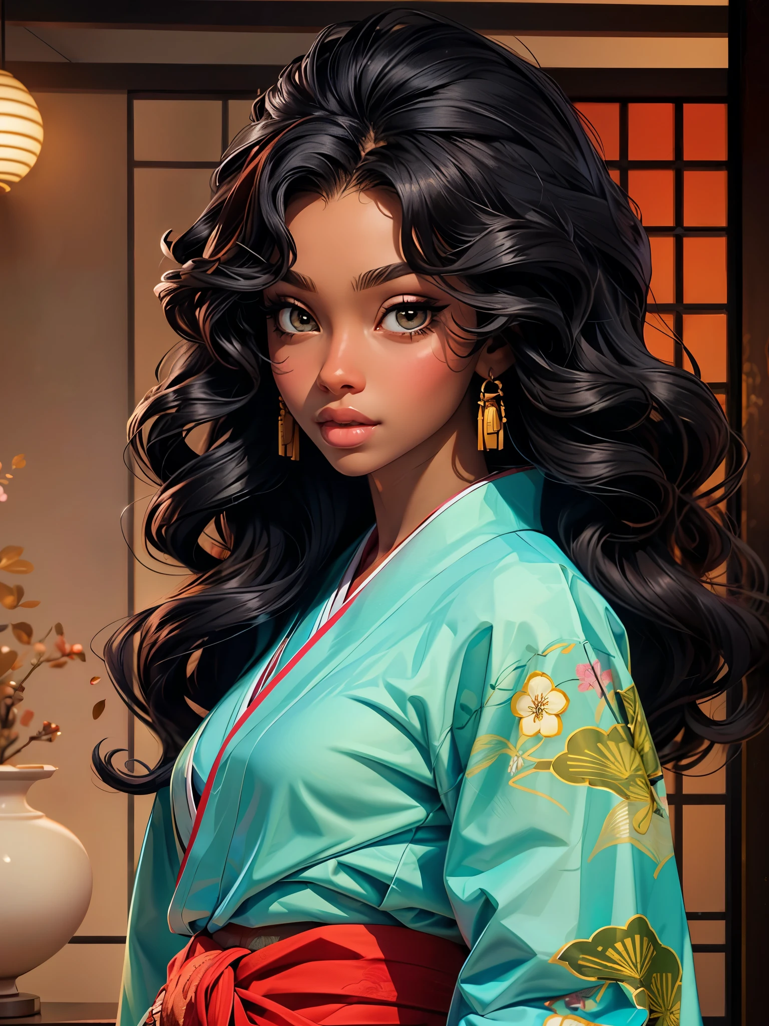masterpiece, best quality, beautiful black and Asian mixed 19 year old, ebony skin female, long, frizzy, curly dark hair, perfect face, half body, long hair, wearing kimono_clothes, melanin
sultry look, seductive,