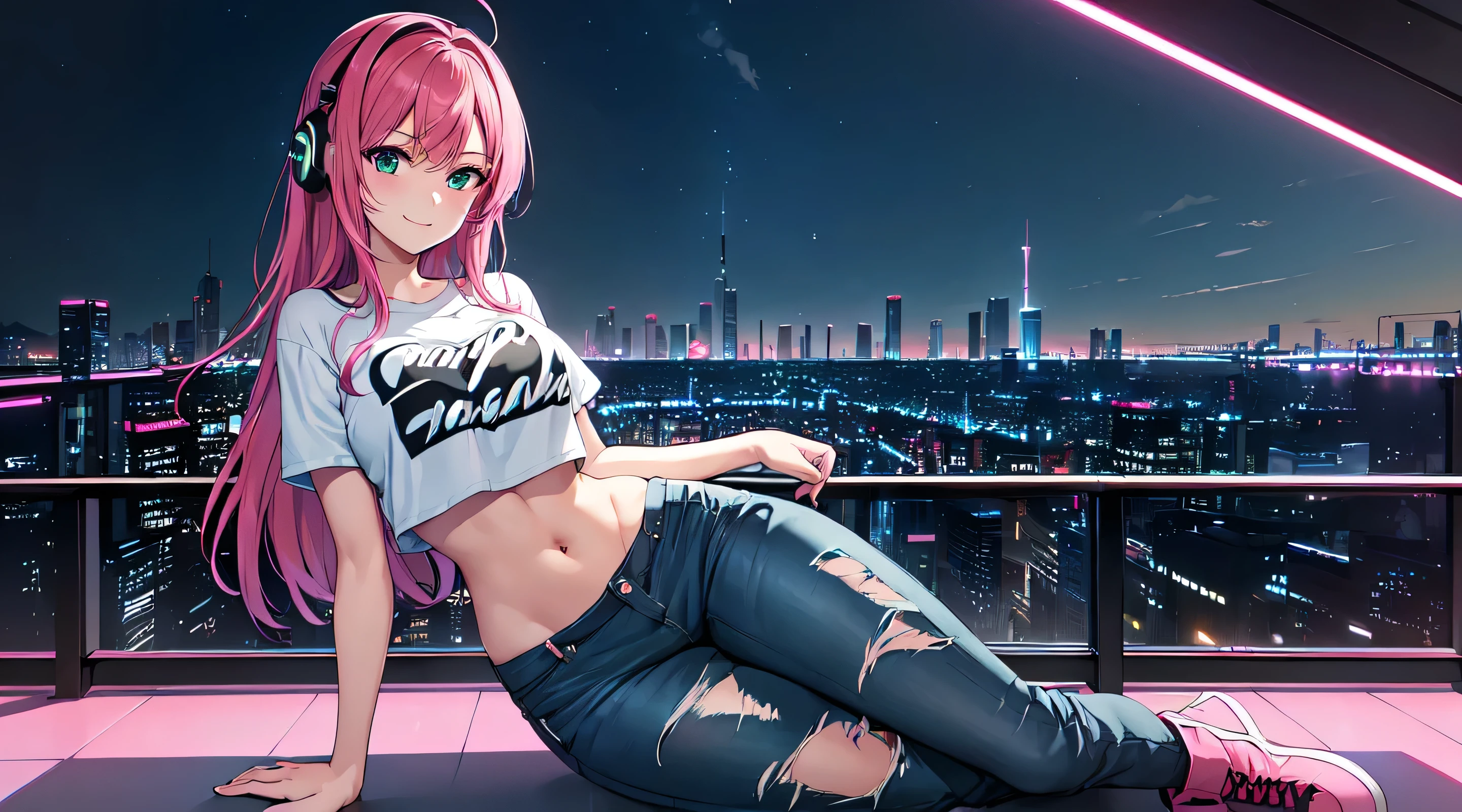masterpiece, One girl ((20-year-old, Crop top T-shirt exposes navel, Tight blue jeans, boots, Medium chest, Multicolored pink hair,, Green Eyes, make out, Happy, Big smile, To the camera, Headphones, Riding a Kawasaki motorbike in the middle of a modern city street, Towering skyscrapers with neon lights, Modern and energetic atmosphere), ((at night))
