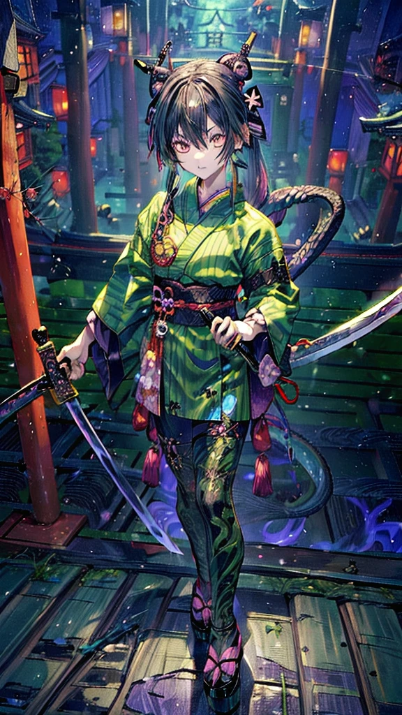 ((Personification of Yamata no Orochi))) (Beauty)、snake print tights、(((Japanese style goth loli))) (Dark green hair)、(Sword wielder),((He has a sword in his right hand))