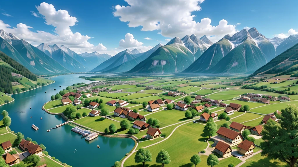 Beautiful scene of ancient Swiss village. Aerial view, Photorealistic photos, High definition.