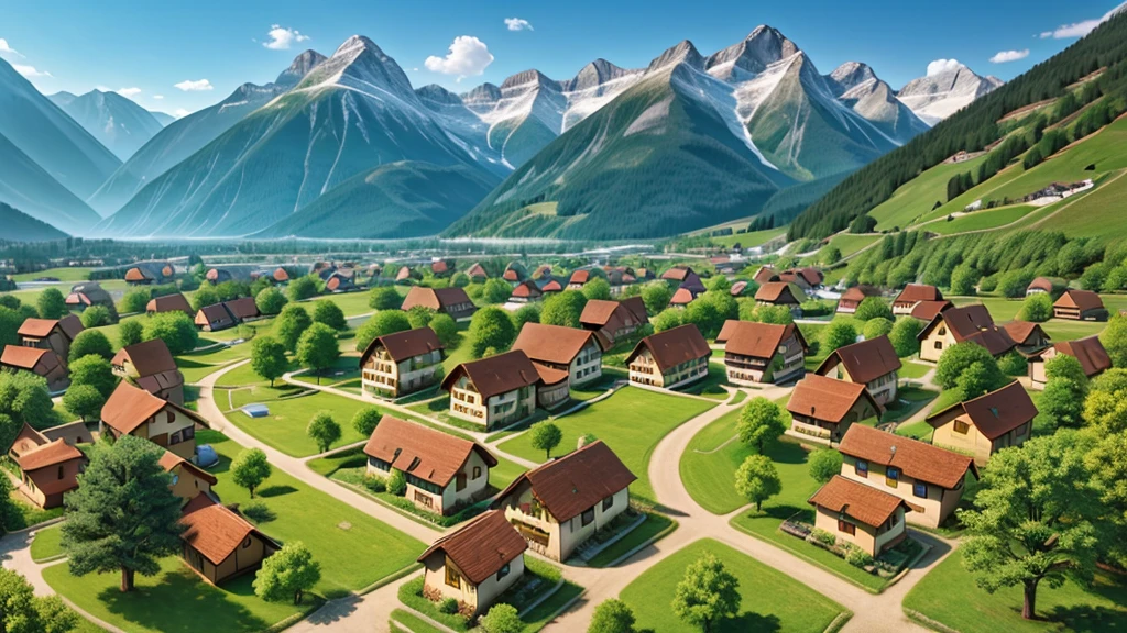 Beautiful scene of ancient Swiss village. Aerial view, Photorealistic photos, High definition.