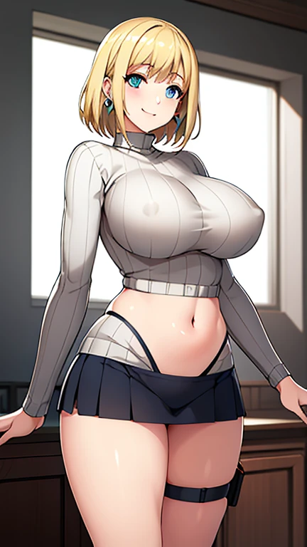 masterpiece, high quality, Detailed eyes, 
One girl, alone, Blonde,blue eyes,bangs,short hair, (Big Breasts 1.0), (Volupture:1.2), (Thick thighs:0.7), expensive, Long legs, A light smile, (Muscular:0.7), 
View your viewers, (Contrasting:1.0),Cowboy Shot (In the room), (Cropped White_sweater, turtleneck,  Ribbed_sweater,Long sleeve), (Short skirt:1.2), belly button, Black knee socks, Heart Earrings, choker, Thigh straps, Covered nipples, cleft of venus, Camel Toe,