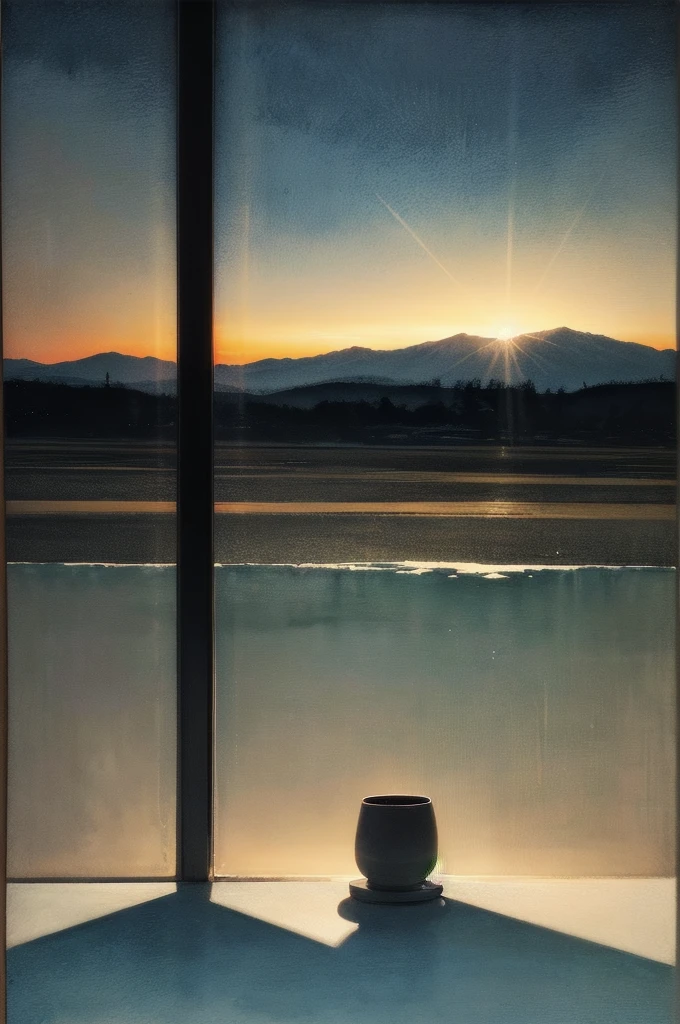 (distant view) (horizon composition) Soft light, like the glow of a rainbow, falls from high in the sky. The countryside is expressed in shadows. (Ink on Japanese paper, which tends to bleed easily)(contemporary art like a picture book) (transparent watercolor) (light itself expressed as real) (layers of soft, rich colors) (shades of paint dissolved thinly with water) (deep, delicate colors)