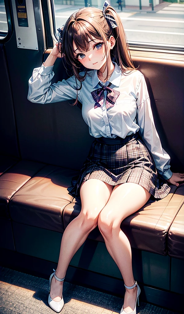 20-year-old women,,Clear images、Real women 、Brown Hair, Medium Hair〜Half-up、She is sleeping soundly with her mouth open.., Slim figure ,Breasts are a little bigger than normal , Head to toe full body shot, Shiny white high heels、 Blouse with ribbon on the chest、Checkered mini skirt, Sit comfortably in the back of the bus, 、私 threw my head back and fell into a deep sleep..,Arms hanging down. I'm exhausted on the way home after work..Sleeping like the dead.My knees are open, Both feet are on the floor, sleeping face, close your eyes, Mouth wide open and drool、Tilt your head back and look up, I can rest my head on the seat and sleep soundly..., Anatomically correct,Composition looking up from the front