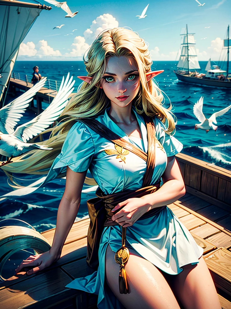 (((masterpiece, best quality, HD, high detail)))), ((((fantasy))), one, (Elf female)))), (White gold embroidered skirt), (blonde long straight hair), (glossy dark green eyes), (Gold embroidered white ruffled shirt), big deal, (((On the deck of a sailing ship at sea)), (The vast sea))), (There are clouds visible in the sky)), (( Seagulls fly in the sky)), Smile, (breeze), light particles flying
sultry look, seductive,