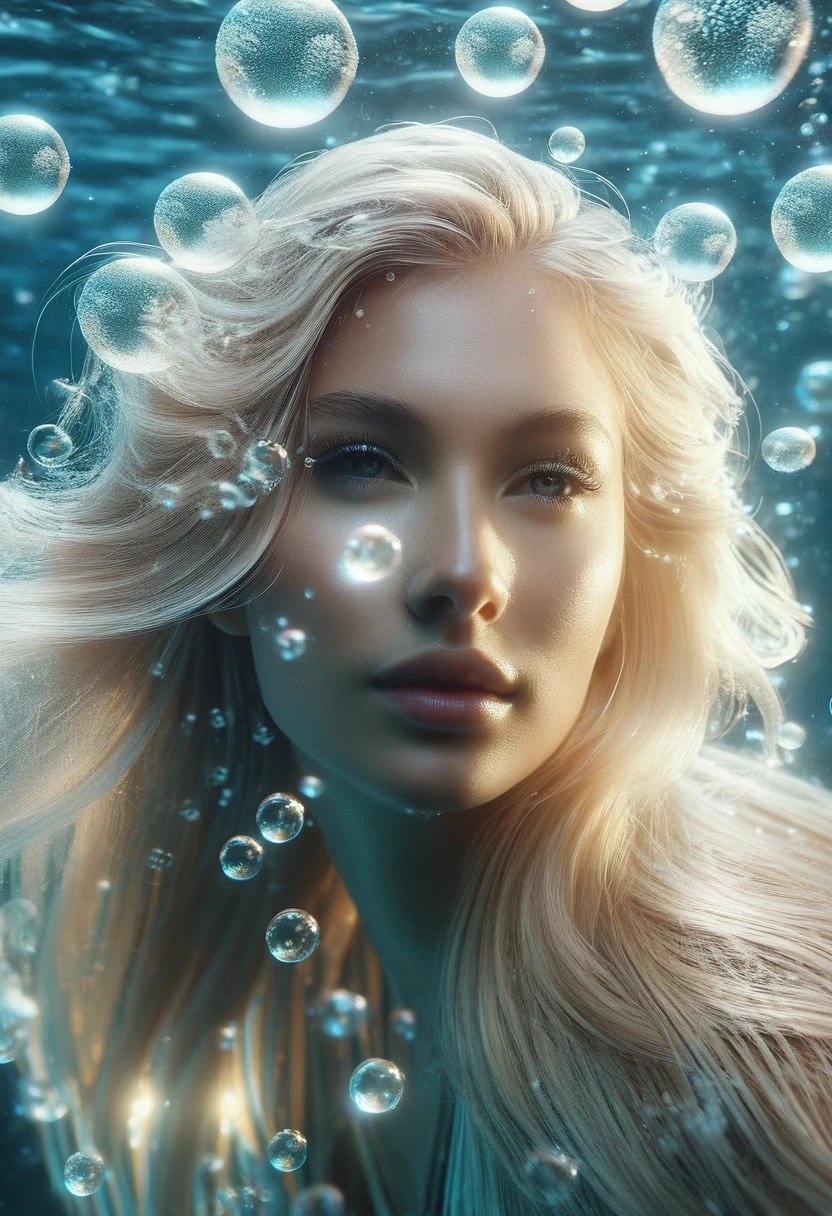 Beautiful underwater made of light, (Beautiful blonde woman made of light looking into underwater camera lens_hair floating on water, Amazing atmosphere surrounded by many bubbles in the water), (Realistic facial details, Floating along the hair flowing in the water), marine life shining underwater, high resolution, Close details, 8k,