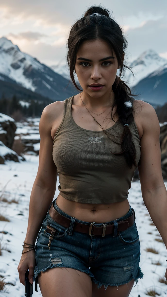 (Highest quality, Ultra HD, 16k, Masterpiece) Lara Croft, the iconic Tomb Raider, strides confidently through rugged, mountainous terrain. The shot is a close-up, capturing the intensity and determination in her eyes. She is dressed in a sexy bra top that exposes her curvy hourglass midriff, showcasing her toned physique. Her outfit is completed with micro torn denim shorts that add to her adventurous and rugged appearance.
Her long, brown hair is tied back in a ponytail, allowing her to focus on the path ahead. She carries her signature gear, including a utility belt and holstered weapons, ready for any challenge that comes her way. Her expression is one of focus and resilience, her piercing eyes scanning the rugged landscape as she navigates through the mountains.
The background features towering, snow-capped peaks and rocky terrain, with a serene, almost ethereal quality to the winter landscape. The lighting is soft, capturing the subtle hues of the snow and the gentle glow of the sun over the mountains. The overall composition highlights Lara Croft's powerful presence and the harsh, beautiful environment she inhabits.
This image captures the essence of a lone adventurer standing strong against the elements, exuding strength and determination amidst the tranquil yet formidable landscape. ((Curvy waist))
