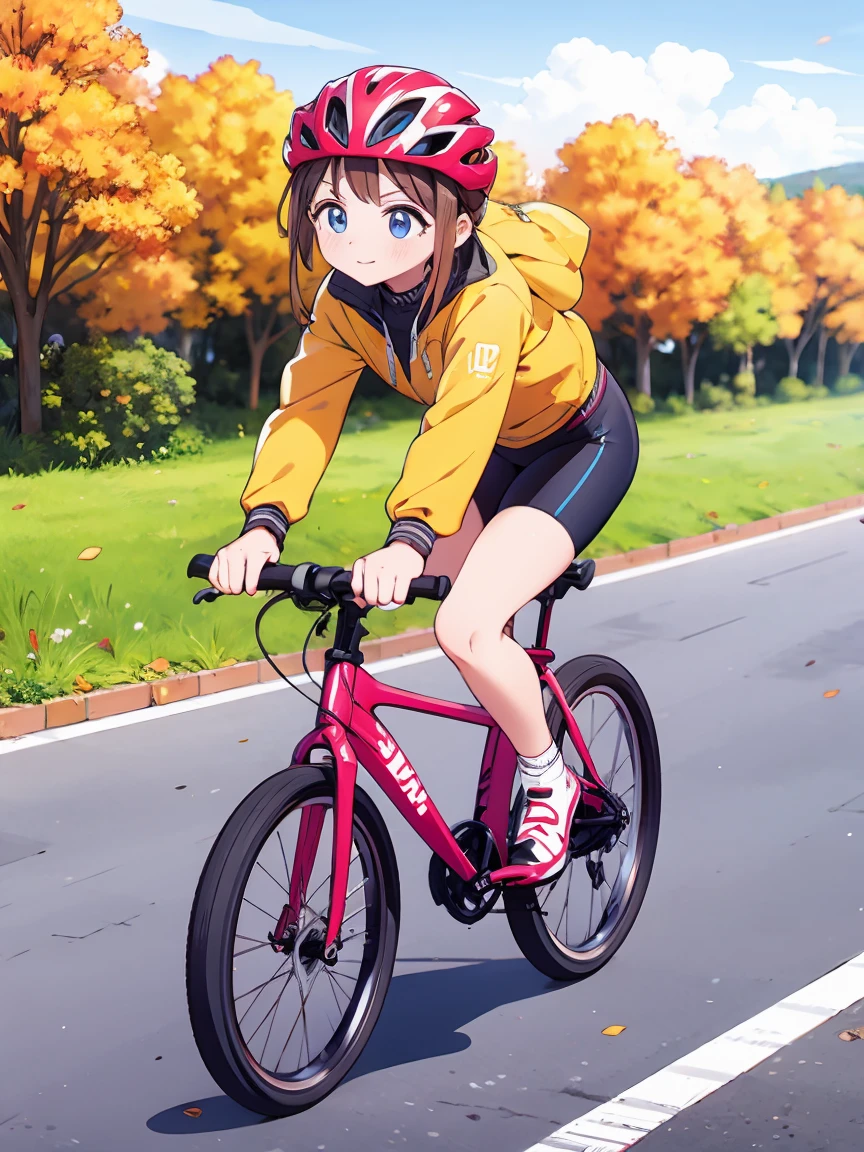 Cycling in the autumn highlands20Year old girl、Bicycle helmet on head、Both feet are firmly on the pedals、