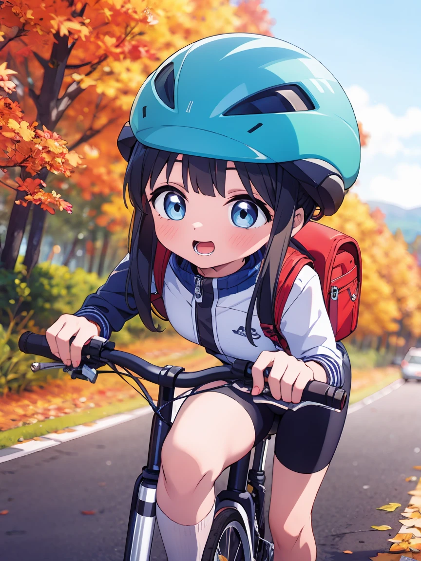 Cycling in the autumn highlands20Year old girl、Bicycle helmet on head、Both feet are firmly on the pedals、