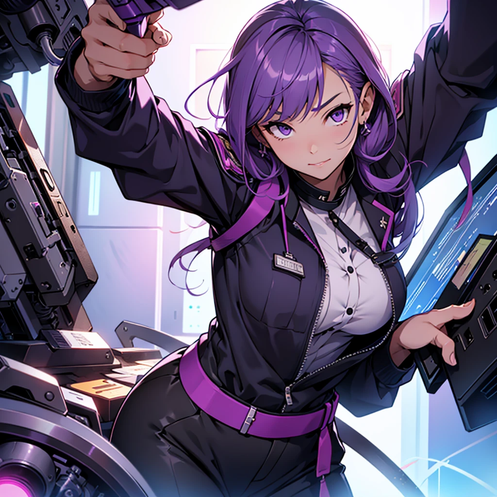 Imagine the MBTI Commander、Create a single woman in purple who works hard.。