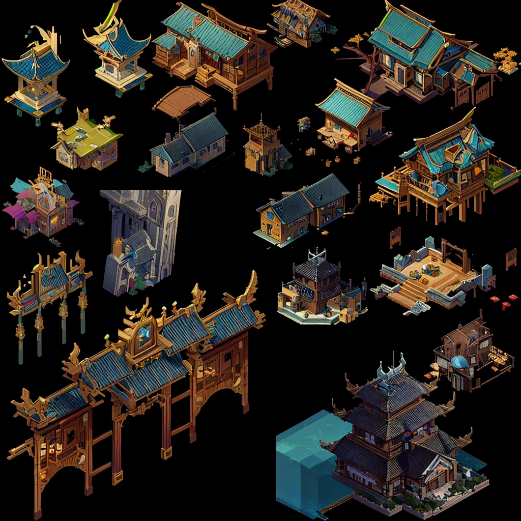 Close up of a bunch of different buildings and structures, isometric Game assets, Isometric Game Art, Isometric 2D Game Art, Isometric 3d fantasy, Game assetss, Pre-rendered isometric graphics, isometric views. Game Role Playing, Highly detailed isometric, video Game assetss, High Detail, Game assets, RPG Game Environment Assets, Isometric pixel art