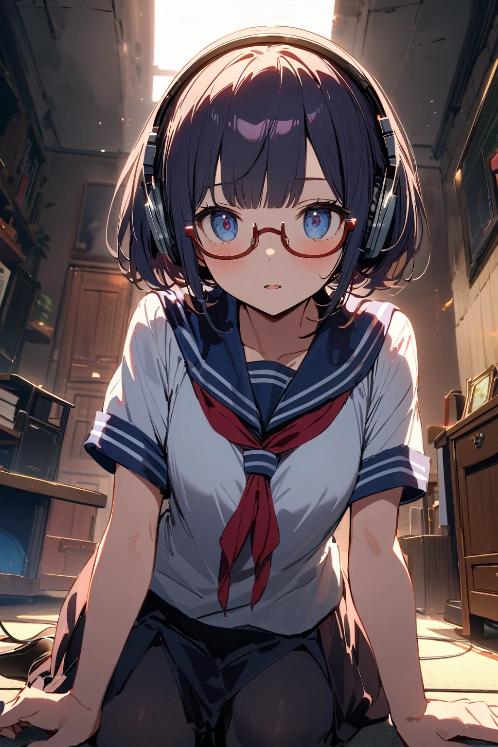 (extremely detailed fine touch:1.3), (((semi-rimless eyewear:1.3))), (headphone:1.2), short hair, blunt bangs, 1 girl came out of TV, on all fours, sailor suit, dark blue collar, white shirts, short sleeve, red ribbon, indoor, darkness,