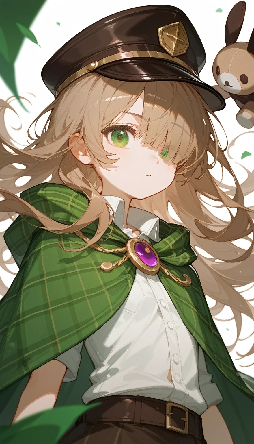 1Young girl，Dark brown long hair，Green eyes，Light brown plaid cape，White shirt，Crooked tie，Sherlock Holmes Plush Peaked Cap，lol，The brim of the hat covers one eye，Gloves