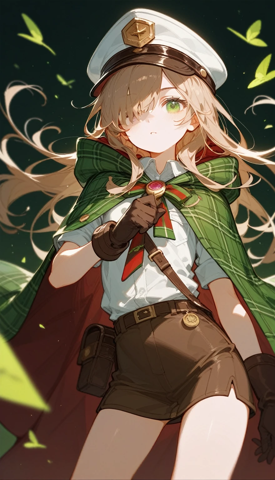 1Young girl,Dark brown long hair,Green eyes,Light brown plaid cape,White shirt,Crooked tie,Sherlock Holmes Plush Peaked Cap,lol,The brim of the hat covers one eye,Gloves