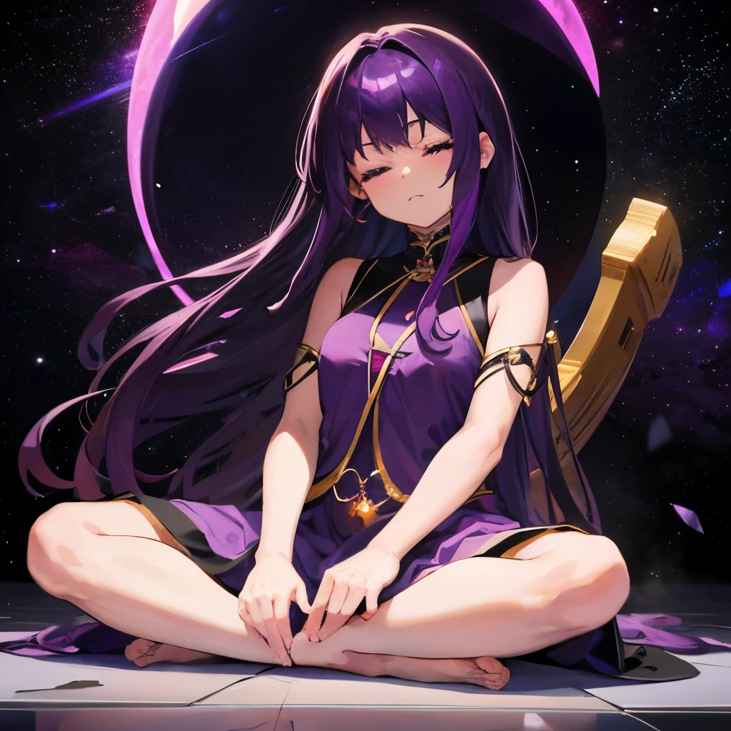 Gemstones Space Background　Zazen on the floor　Long purple hair　Purple Eyes　Purple Dress　Girl　Eyes closed