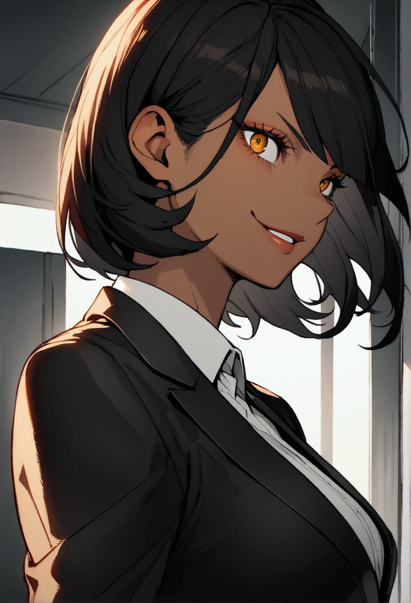 1 female, grown-up, dark skinned women, long white short hair, Hair over the ears, gold eyes, cups, Black Suit, Tailored black jacket, white shirt, black suit, office background, malicious smile, sharp eye, clavicle,
