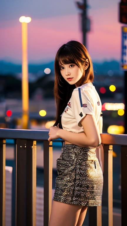 Girl with a flamboyant appearance and rebellious attitude, Japanese yankee, lone girl, bright and loud patterned clothes, extremely short skirt, gal style with emphasis on cuteness, light brown hair, thick eyeliner and flashy colored eye shadow, false eyelashes to make eyes look bigger and more impressive, dark makeup all around Hakodate seaside townscape background, evening, sunset