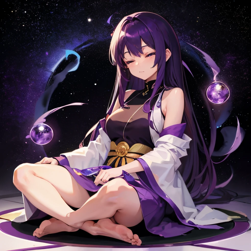 Gemstones Space Background Zazen on the floor Long purple hair Purple Eyes Purple Dress Girl Eyes closed