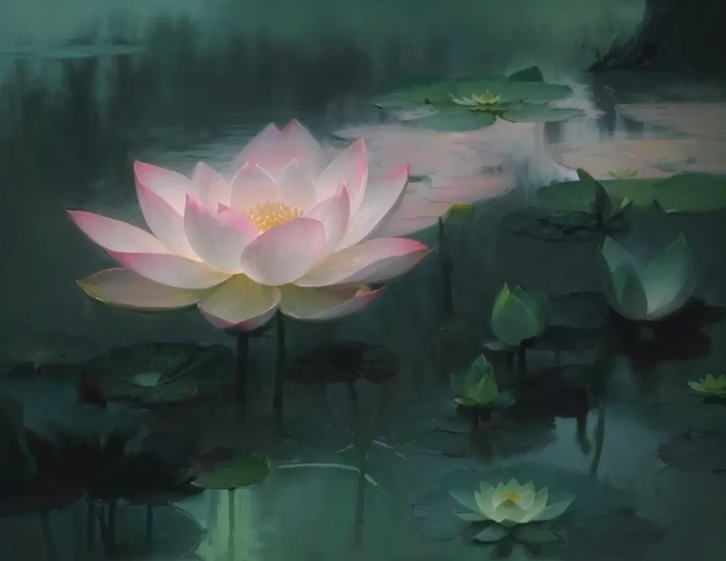 There is a pink flower in the middle of the pond, standing gracefully upon a lotus, lotus petals, Surreal Waizi Flowers, An ethereal still painting, lotus pond, Floating in a powerful zen state, lotuses, pink lotus queen, lotus flowers, Has a blooming and ethereal effect, lotus, lotus flower, Ethereal Beauty