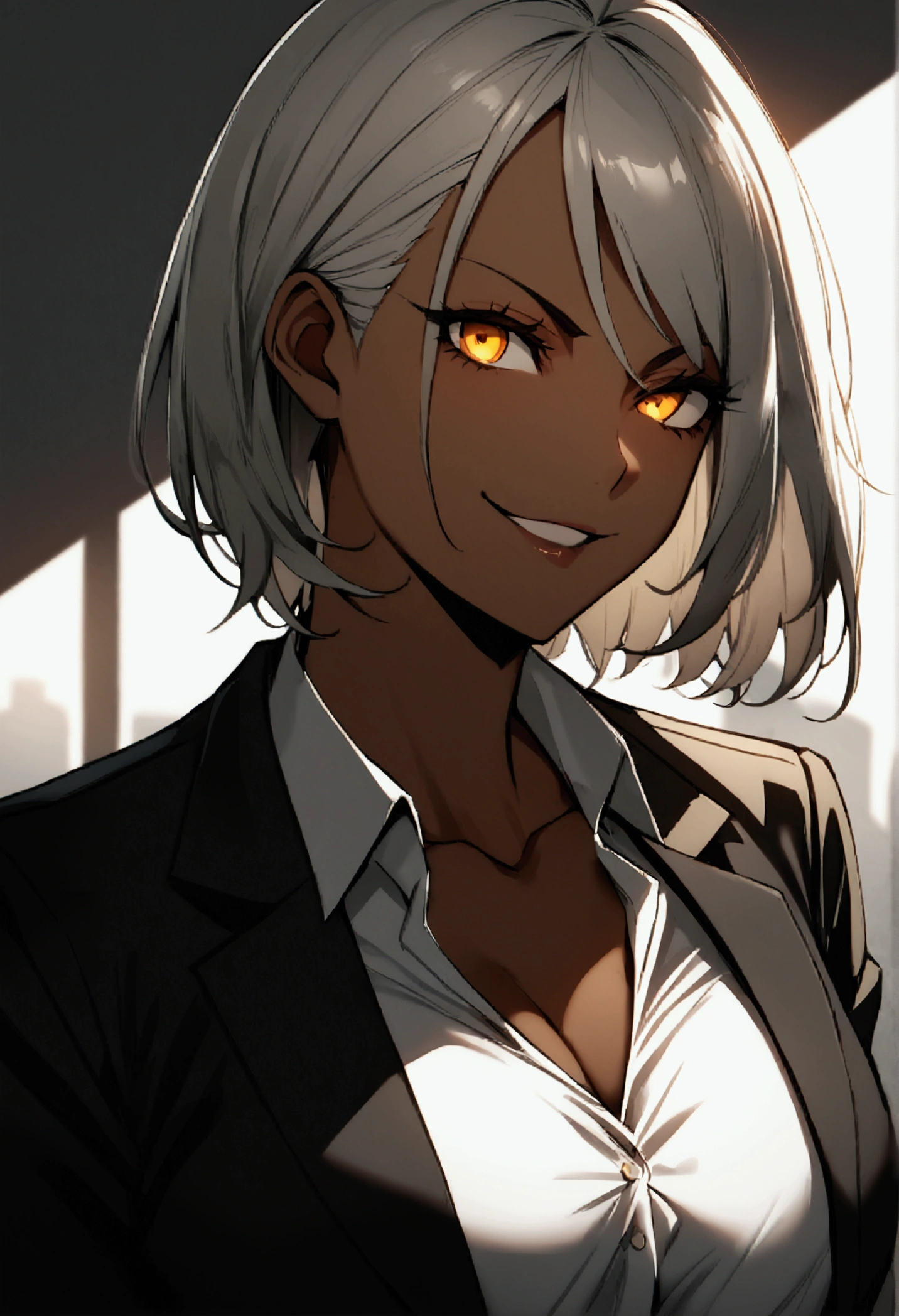 1 female, grown-up, dark skinned women, long white short hair, Hair over the ears, gold eyes, cups, Black Suit, Tailored black jacket, white shirt, black suit, office background, malicious smile, sharp eye, clavicle,