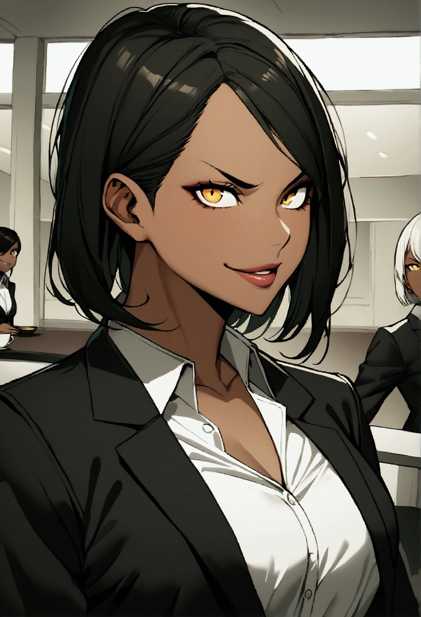 1 female, grown-up, dark skinned women, long white short hair, Hair over the ears, gold eyes, cups, Black Suit, Tailored black jacket, white shirt, black suit, office background, malicious smile, sharp eye, clavicle,