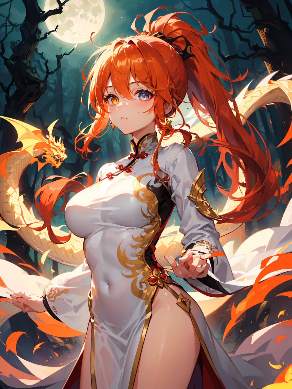 Princess (red-ish orange hair, wearing a long dress), perfect breasts, round breasts, background (forest, moon), Chinese dragon (one, five-clawed golden dragon, two wings), golden jewelry, white and golden clothes, (golden clothes:1), (white clothes:1.3), golden ornaments, elegant cutout, clothes cutout, revealing clothes, shiny silk, golden stripes clothes, detailed textures, (dragon clothes:1.3), detailed iris, sparkle eyes, star in eyes, enchanting golden eyes, (multicolored eyes), (shining dust), (heterochromia), (red-ish orange hair:1.3), (messy hair:1.3), (hair between eyes), (hair over one eye), (wavy hair:1.1), (high ponytail:1.3), (long ponytail:1.3), perfect hands, perfect fingers, perfect arms, perfect thighs