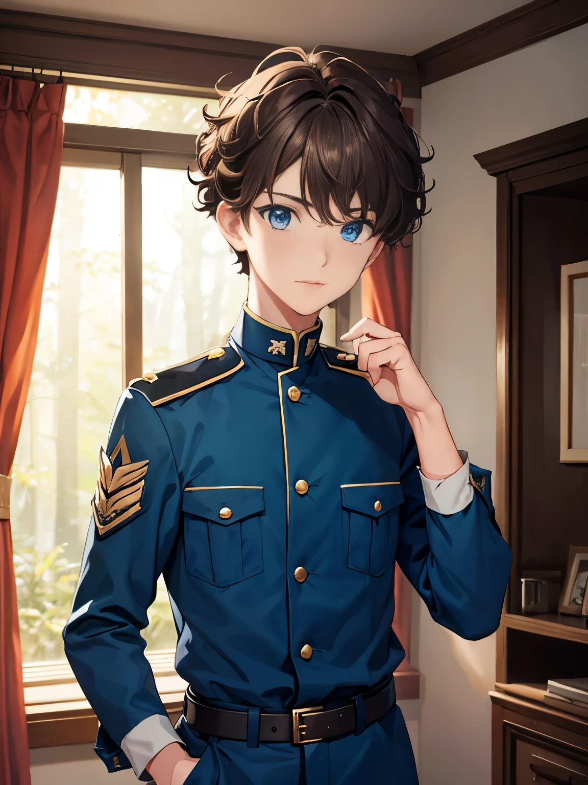1boy,guy,Walking in the forest,wearing blue army uniform,,blue eyes,half body photo,18 years old,Curly hair,medium hair,undercut hairstyle,light brown hair, ultra detail,masterpiece,In the headquarters room