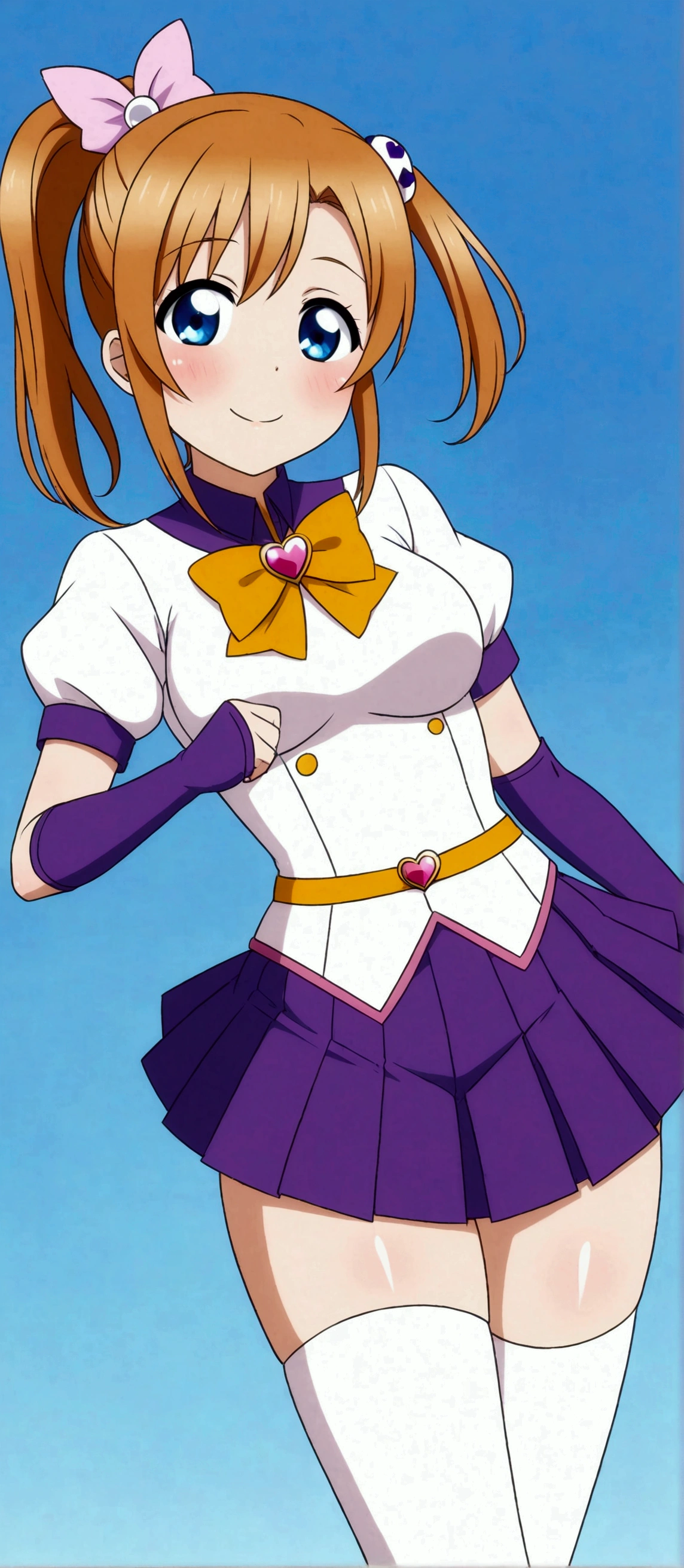 (Masterpiece, Best Quality, High Quality), Kousaka honoka, purple elbow gloves, white top,short sleeves, micro pleated skirt, purple skirt, white thighhighs, magical girl 