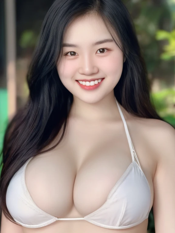 ((best quality)), realistic, Optical Realism, realistic, high resolution, beautiful, Young face,20 years old,chubby girl, white skin, Pale skin,smile, gigantic colossal breasts:1.3, Fighting posture, Looking at the camera, (detailed face), long wavy hair, blonde hair, (Wear white bikini), half figure, half body shot,