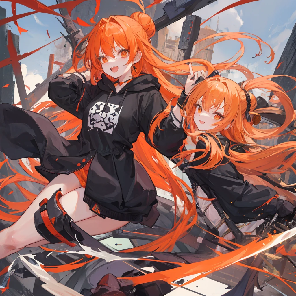 Long Hair、Orange Eyes、Orange Hair、Small breasts、Hair in a bun and down、Black hoodie、JK、School、Dungeonachine、laughing、One-handed sword