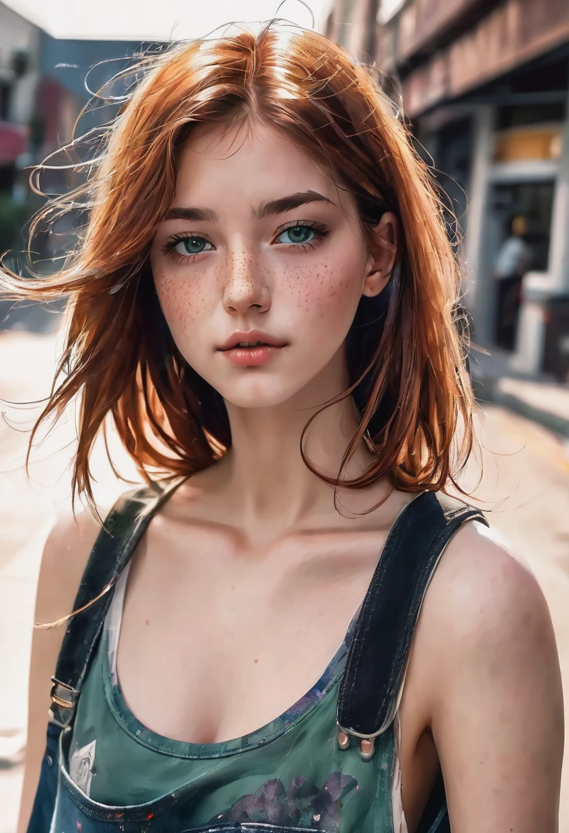 Beautiful eighteen year old girl, Copper hair, dark green eyes, subtle freckles, thin predatory nose, triangular face, correct facial structure, short wide loose tank top, falling from the shoulder, under the T-shirt the sharp nipples of her small, elastic breasts stand out, ripped denim shorts, sneakers, stockings up to the middle of the thigh, skateboard, A black rose in his hand, street, masterpiece, high detail, high quality, complex parts, Small parts, mascara, watercolor, high art, digital technologies