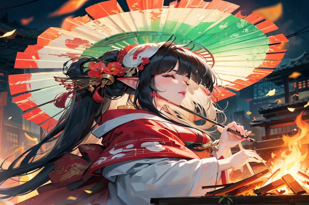 (profile, panoramic, beautiful style), (Kagura Dance), (solo:2, 15 yo), (beautiful blunt bangs:1.3) (beautiful detailed black hair, long hair) (shrine maiden sexy girl, sexy closed eyes, glossy lip), hand holding detailed biggest Folding fan with double exposure:1.3 green), break, in the night water festival scaffold, BREAK, perfect anatomy, masterpiece, best quality, 16k, beautiful detailed campfire, daydreaming expression.