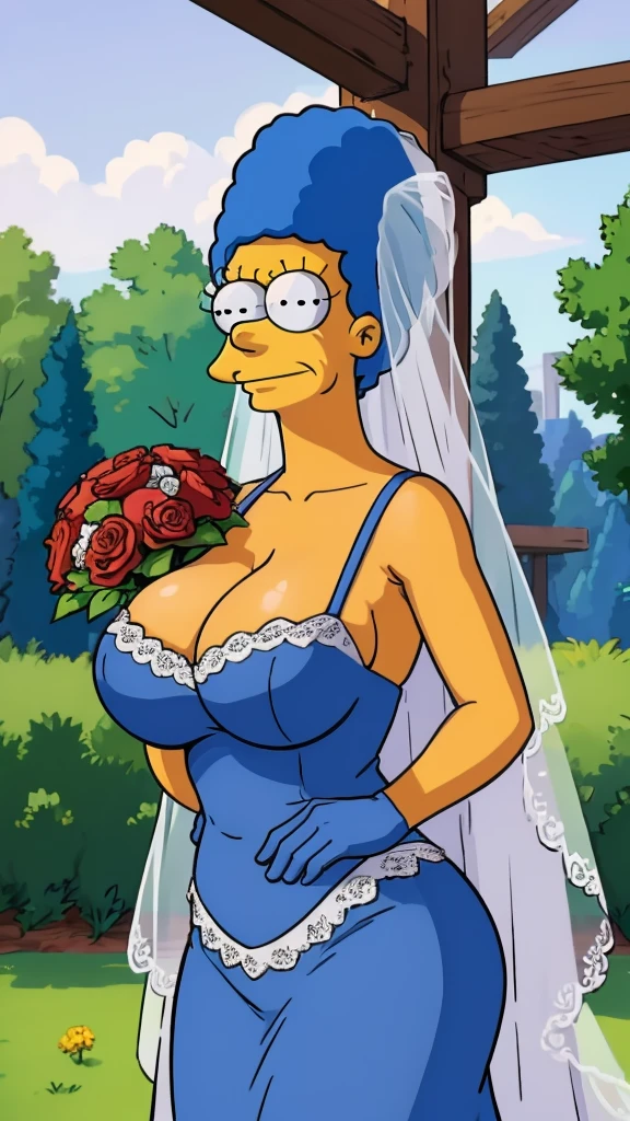 Marge Simpson with huge breasts in a lace micro bra and wedding dress with veil and bouquet in a park in Springfield