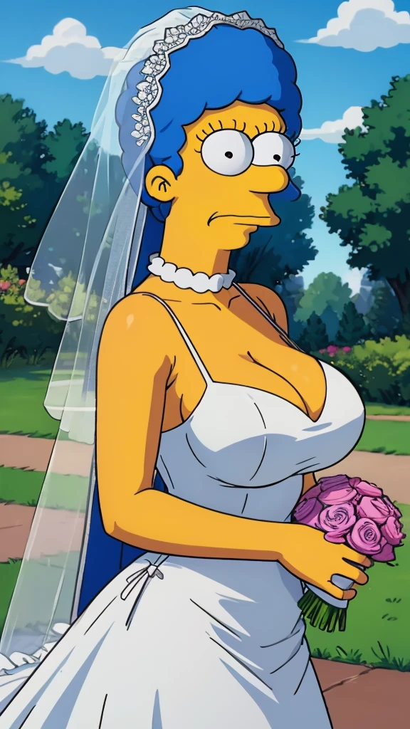 Marge Simpson with huge breasts in a lace micro bra and wedding dress with veil and bouquet in a park in Springfield