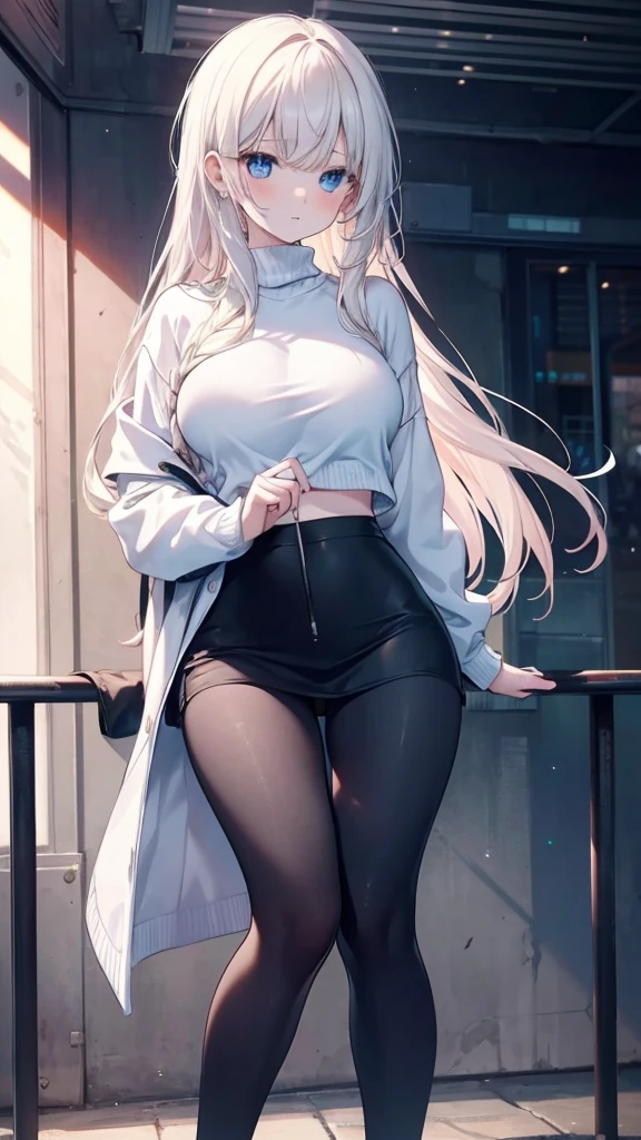 girl:1.3), Solitary, __body parts__ Delicate and realistic skin, Pale skin, Large target, Official Art, Unity 16K Wallpaper, Ultra Detailed, beauty, masterpiece, best quality, Awesome atmosphere, Calming color palette, A calm mood, Soft shadows, , charm,((Larger breasts)),,((Black leggings)),sweater,blush,liquid,cute,Sportswear,Colorful,Short skirt