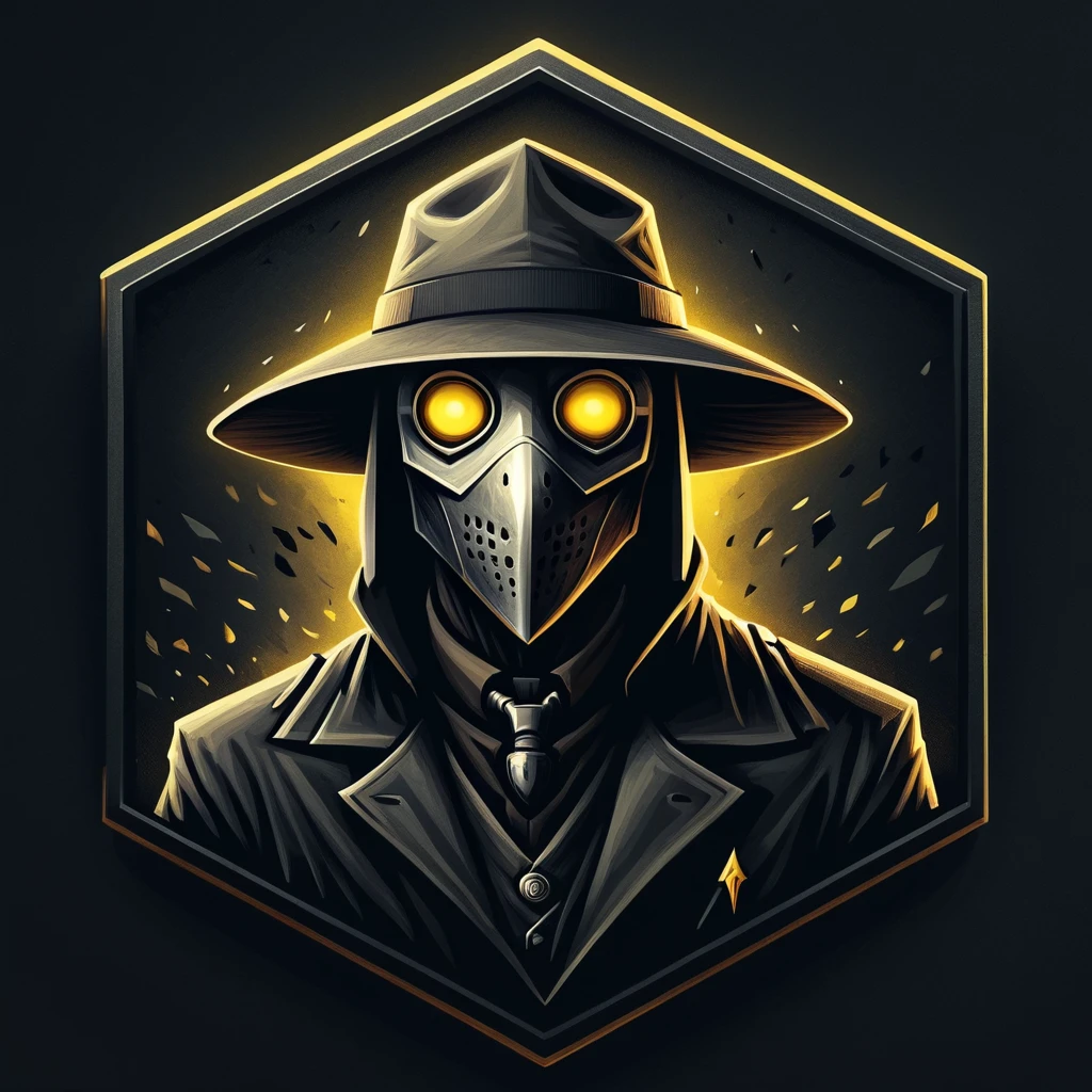 ultra high resolution, detailed, best quality, badgetype,solo badge,counter strike2 type badge,solo,looking at viewer,yellow eyes,1boy,male focus,no humans,mask,glowing,simple background,portrait,straight-on,plague doctor, hat, proportional, noire, minimalist background