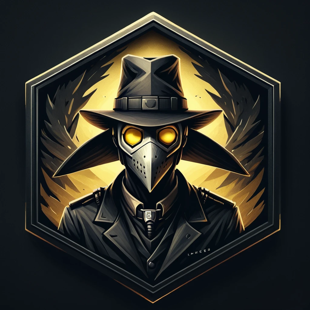 ultra high resolution, detailed, best quality, badgetype,solo badge,counter strike2 type badge,solo,looking at viewer,yellow eyes,1boy,male focus,no humans,mask,glowing,simple background,portrait,straight-on,plague doctor, hat, proportional, noire, minimalist background