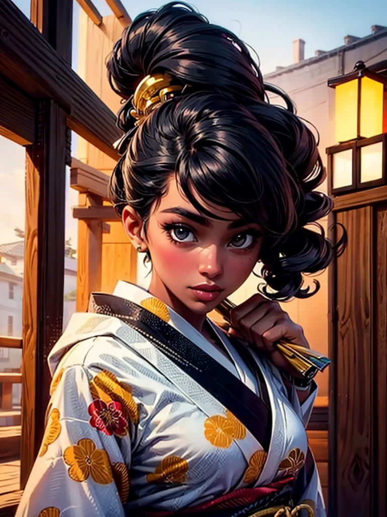 masterpiece, best quality, beautiful black and Asian mixed 19 year old, ebony skin female, long, frizzy, curly dark hair, perfect face, half body, long hair, wearing kimono_clothes, melanin
 sultry look, seductive,
