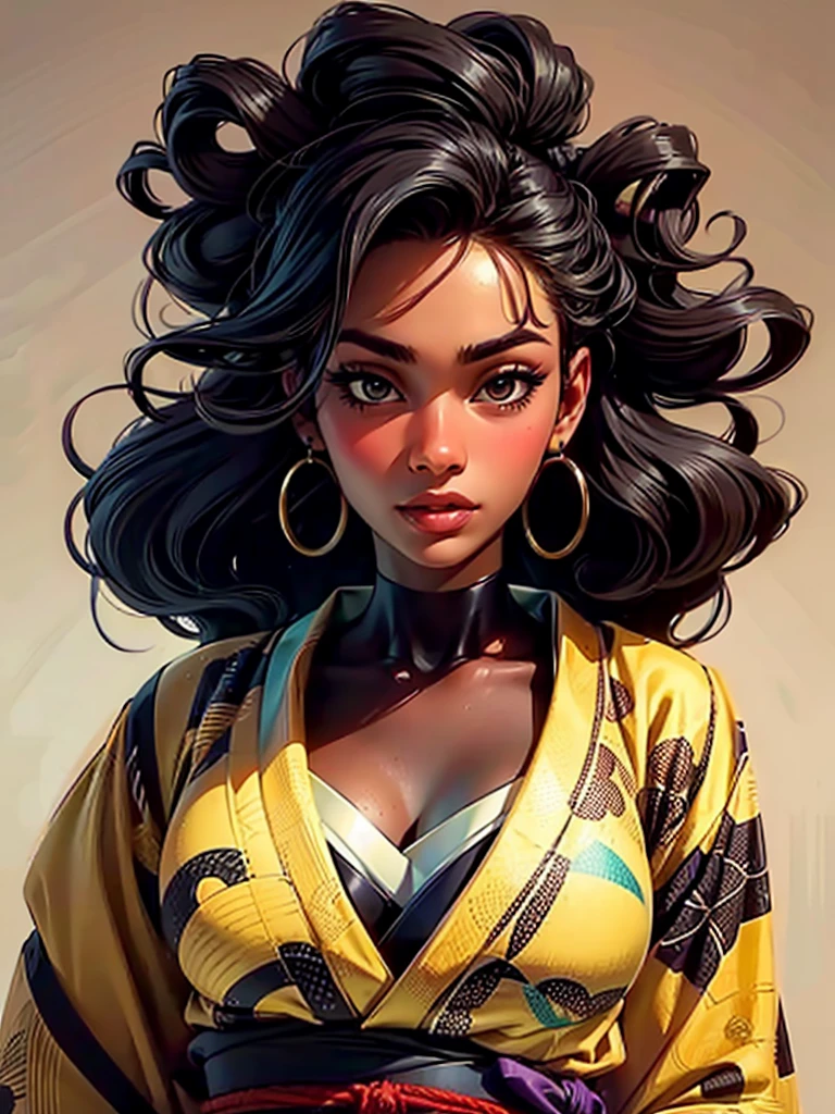 masterpiece, best quality, beautiful black and Asian mixed 19 year old, ebony skin female, long, frizzy, curly dark hair, perfect face, half body, long hair, wearing kimono_clothes, melanin
sultry look, seductive,