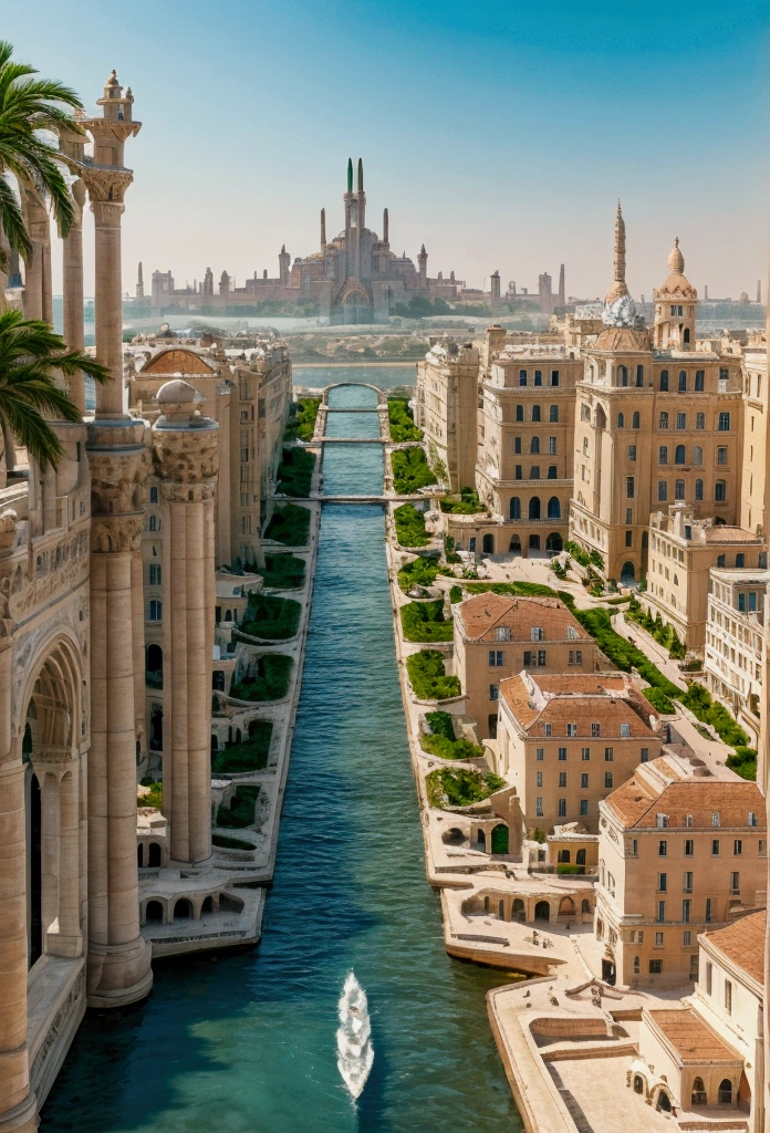 "Depict the legendary city of Atlantis at its peak: a grand continent located beyond the Pillars of Hercules, filled with magnificent architecture and advanced technology. Show the city with its majestic towers and luxurious palaces, surrounded by flowing water channels. The streets are bustling with people wearing elegant clothing, and the markets are alive with trade and activity. In the background, display lush landscapes with green mountains and stunning beaches. The sky is clear, and the city sparkles with magical lights, reflecting its prosperity and advanced civilization. Gentle waves enhance the city's beauty, making Atlantis appear as a paradise on Earth."