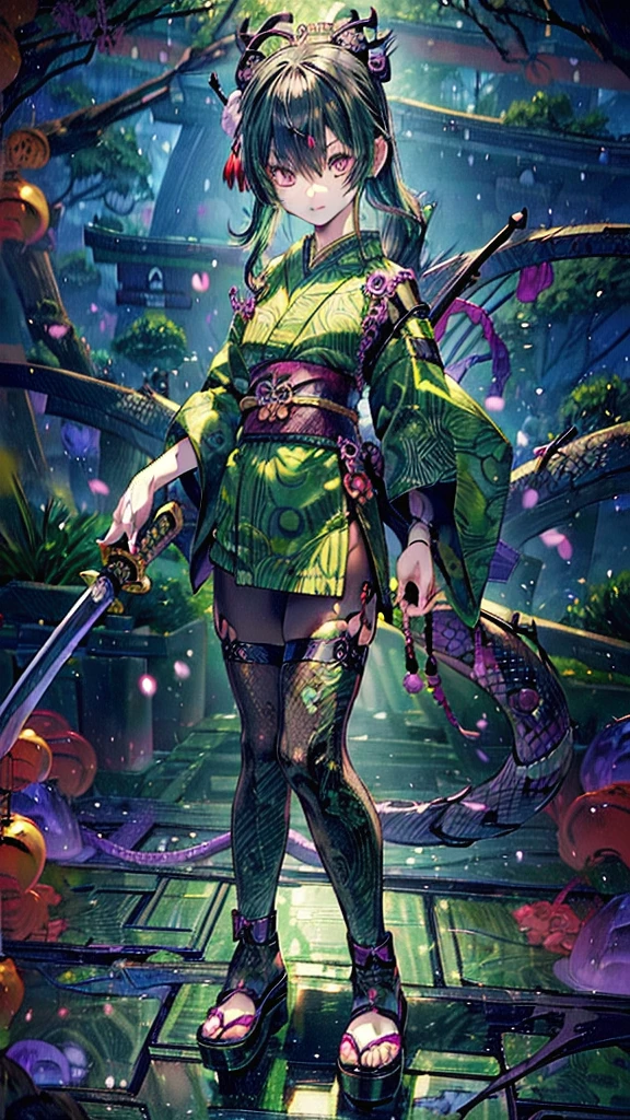 ((Personification of Yamata no Orochi))) (Beauty)、snake print tights、(((Japanese style goth loli))) (Dark green hair),((He has a sword in his right hand))