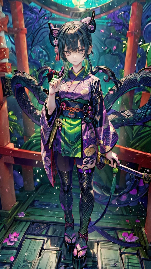((Personification of Yamata no Orochi))) (Beauty)、snake print tights、(((Japanese style goth loli))) (Dark green hair),((He has a sword in his right hand))