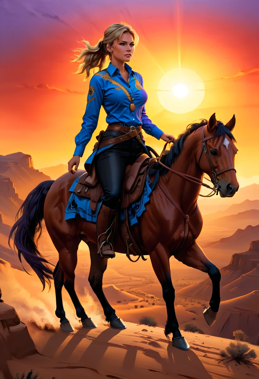 aan oil painting of woman cowboy riding a horse on the desert mountain at sunset, watching the desert canyon, an exquisite beautiful woman, most beautiful woman, blond hair, long hair, in a pony tail, ultra detailed face, best detailed face, wearing blue button shirt, small cleavage, wearing black trousers, dynamic color, wearing high heeled boots, (silhouette art: 1.3), she has a (lasso: 1.1) sun set, sun rays, sky in shades of purple, red, orange and yellow. vibrant colors of sky, Hyperrealism style, vibrant, Ultra-high resolution, High Contrast, (masterpiece:1.5), highest quality, Best aesthetics), best details, best quality, highres, ultra wide angle, 16k, [ultra detailed], masterpiece, best quality, (extremely detailed) RAW, chumbasket art style, oil painting, silhouette