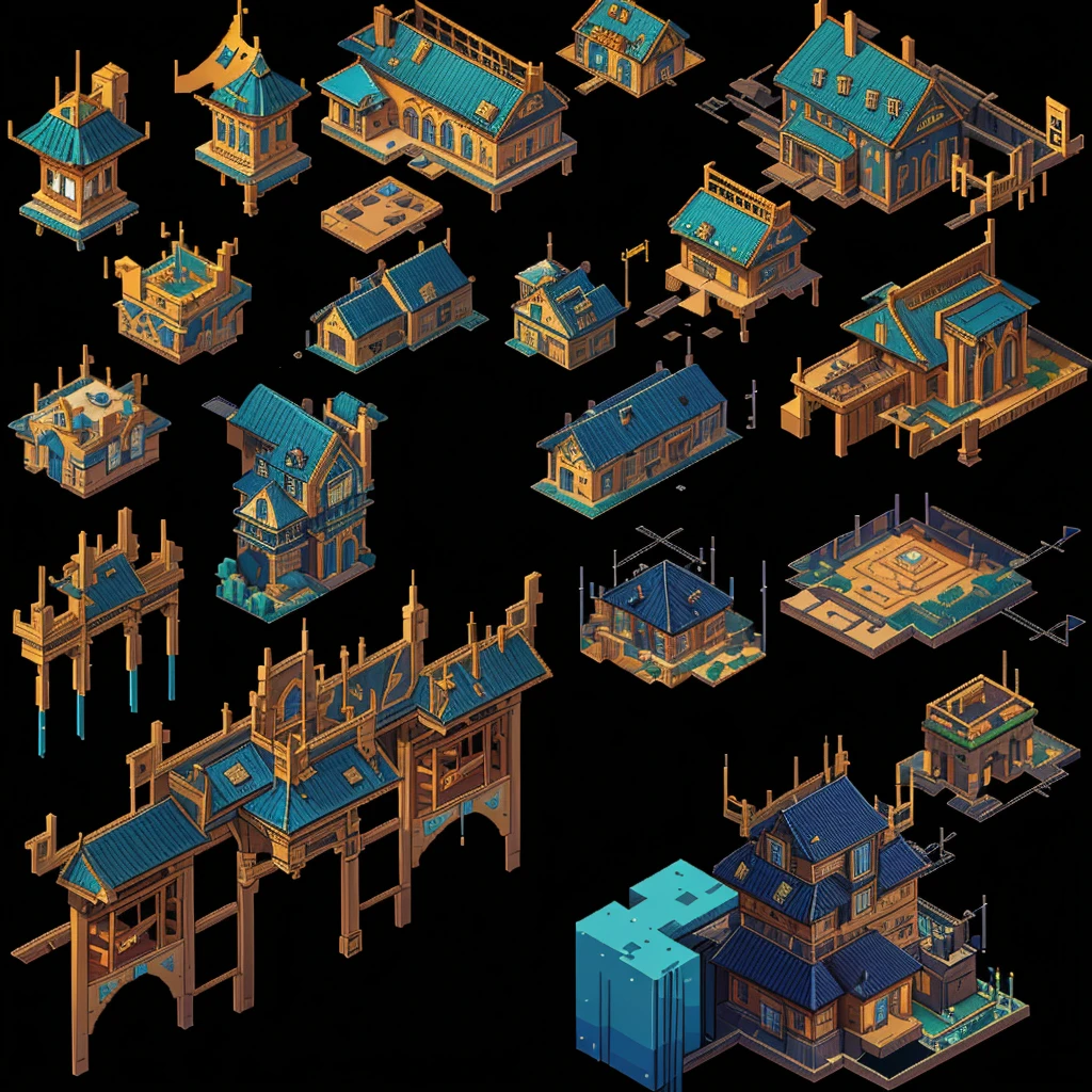 Close up of a bunch of different buildings and structures, isometric Game assets, Isometric Game Art, Isometric 2D Game Art, Isometric 3d fantasy, Game assetss, Pre-rendered isometric graphics, isometric views. Game Role Playing, Highly detailed isometric, video Game assetss, High Detail, Game assets, RPG Game Environment Assets, Isometric pixel art