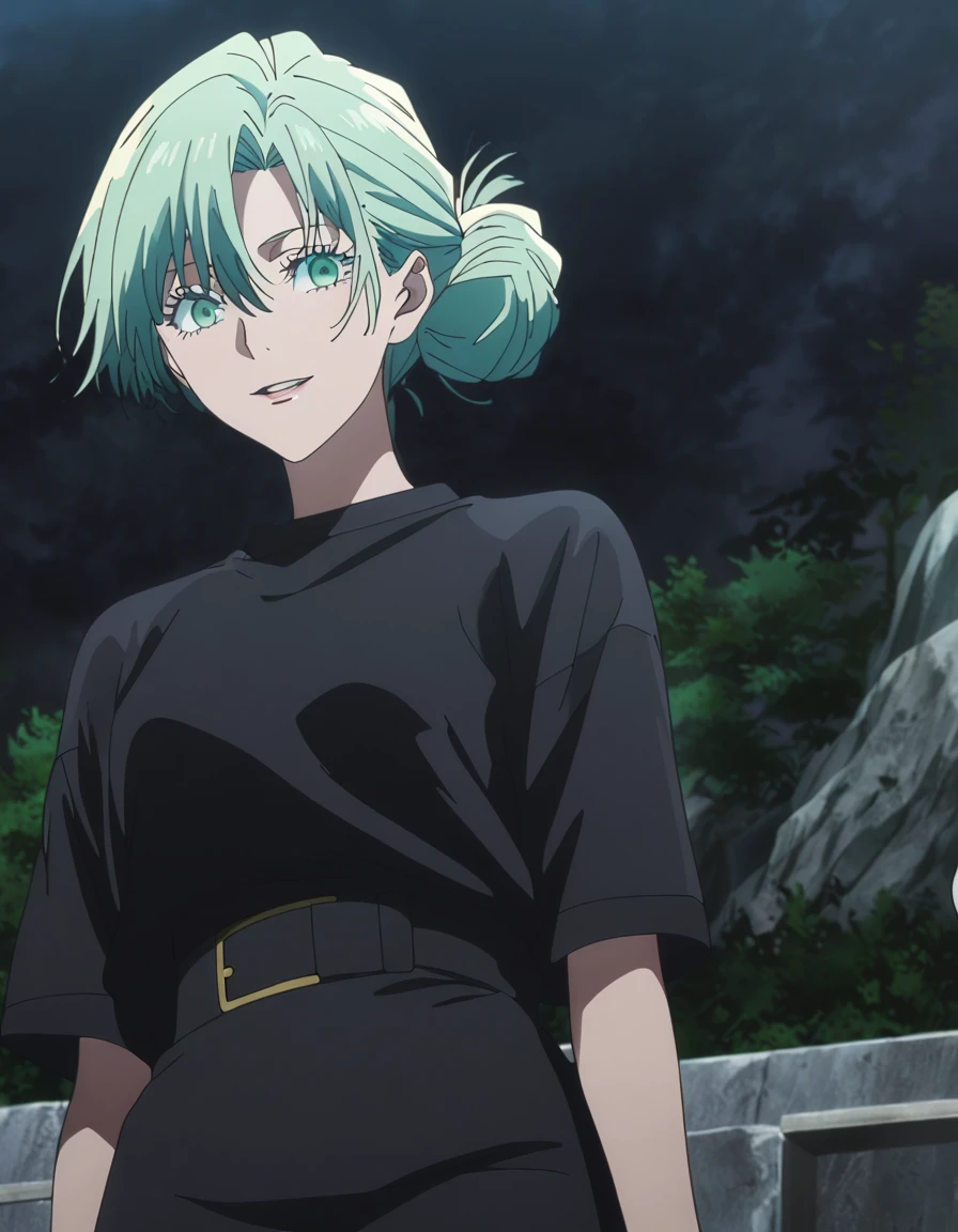 1girl, female gojo satoru, anime screencap from jujutsu kaisen, gojo satoru female version, solo, long_Green hair, hair strands, hair bun, black round sunglasses, Green Eyes, parted_lips, smiling, looking_at_viewer, perfect background, outdoors, side view, white_hair, bangs, eyelashes, (wearing black colour shirt) (pencil skirt), hair_between_eyes, floating hair, (hair slicked from one side), night, outdoors
