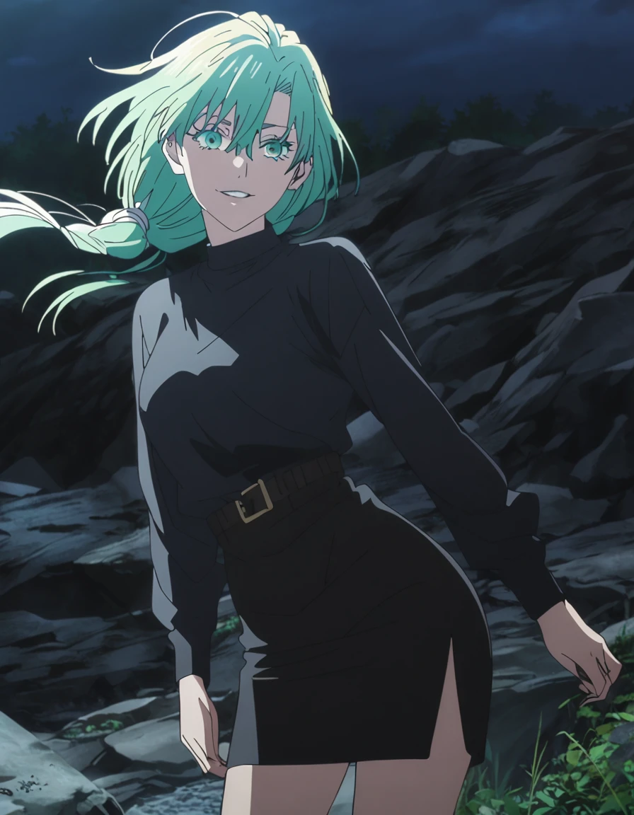 1girl, female gojo satoru, anime screencap from jujutsu kaisen, gojo satoru female version, solo, long_Green hair, hair strands, hair bun, black round sunglasses, Green Eyes, parted_lips, smiling, looking_at_viewer, perfect background, outdoors, side view, white_hair, bangs, eyelashes, (wearing black colour shirt) (pencil skirt),  hair_between_eyes, floating hair, (hair slicked from one side), night, outdoors 